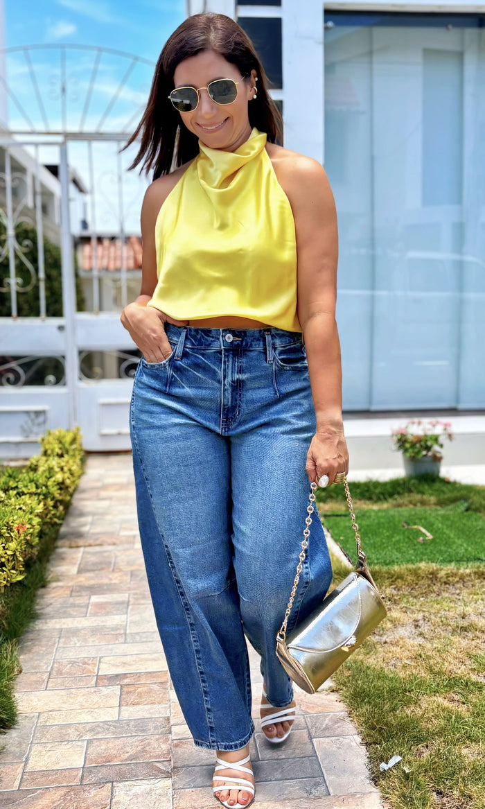 Blusa Halter Cuello Caído Amarillo
