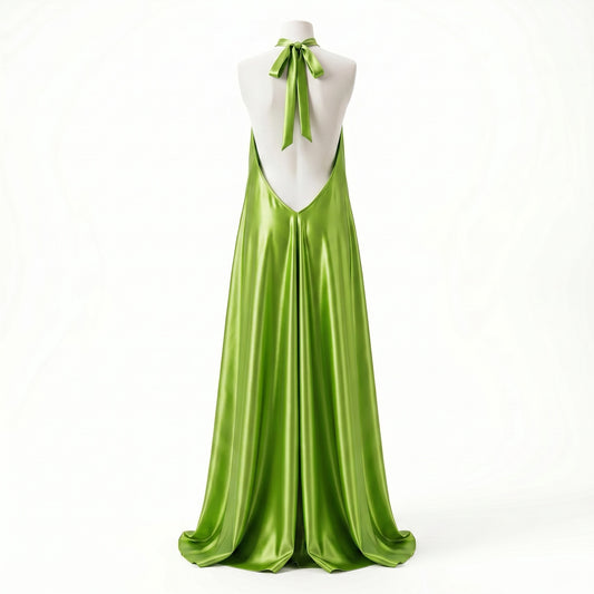 Vestido largo Exotica de satén verde lima con cuello halter y espalda descubierta con lazo ajustable