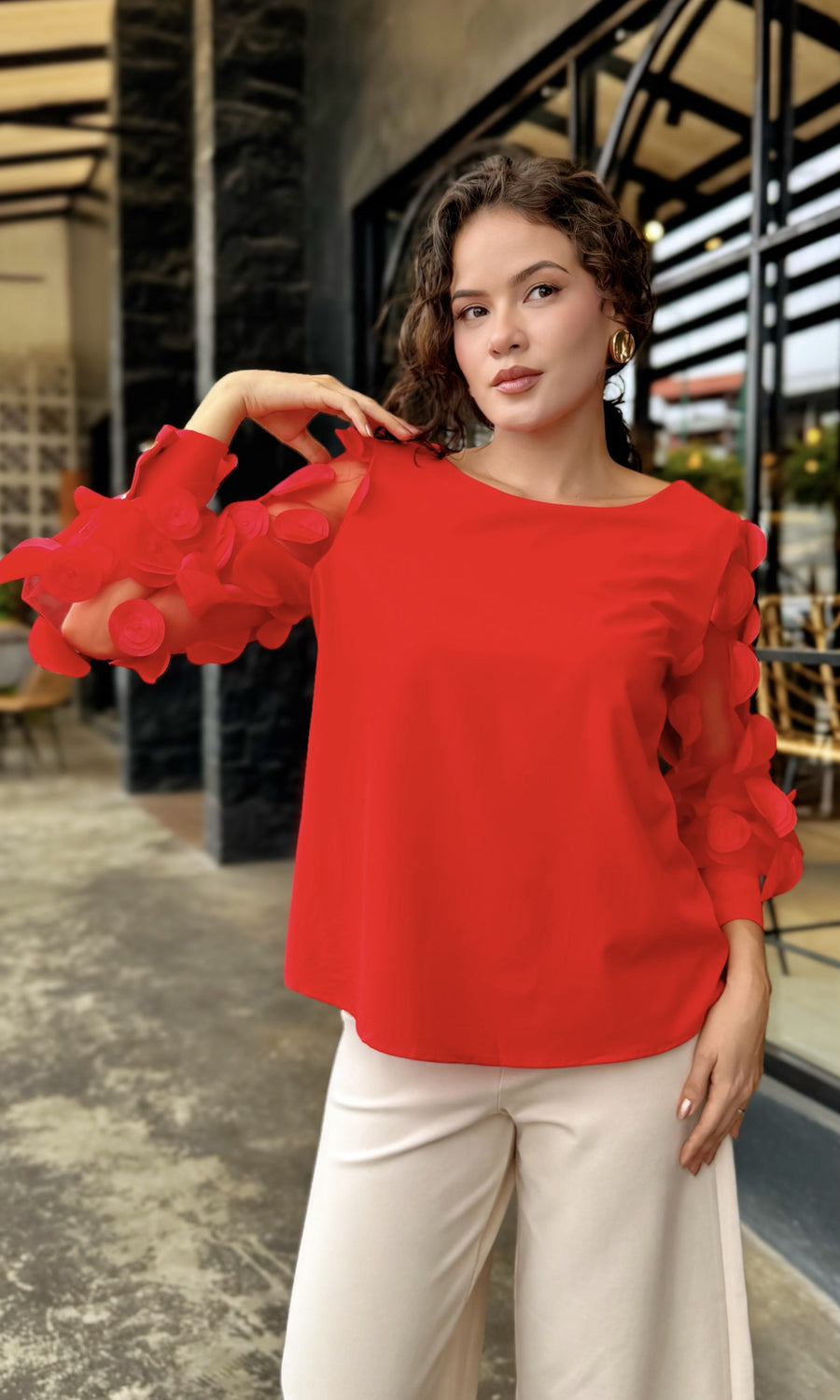 Blusa Mangas Pétalos Rojo