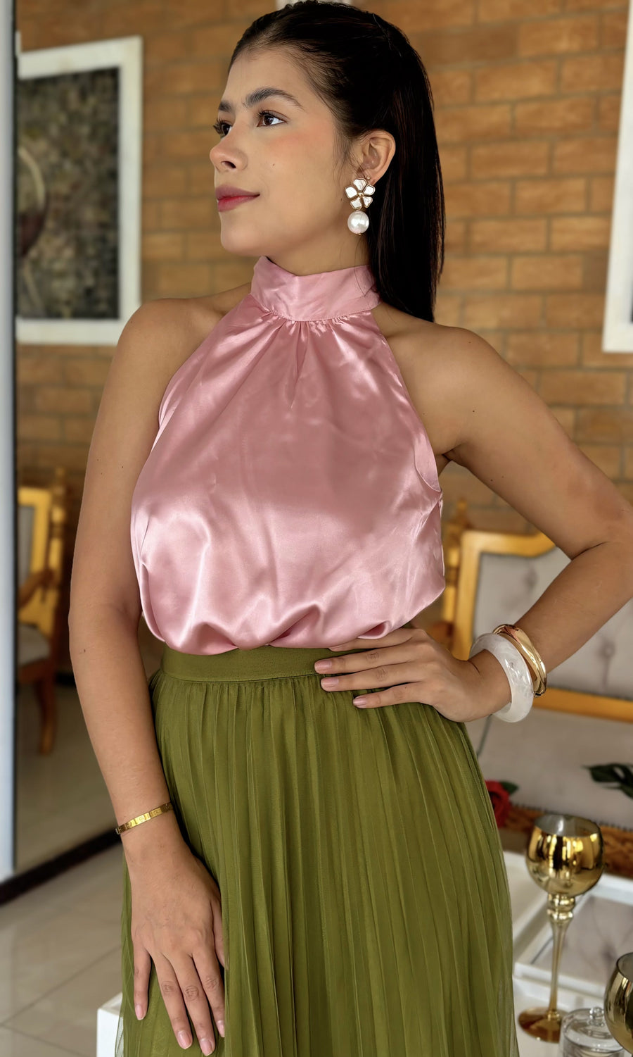 Blusa Halter Cuello Alto Rosa