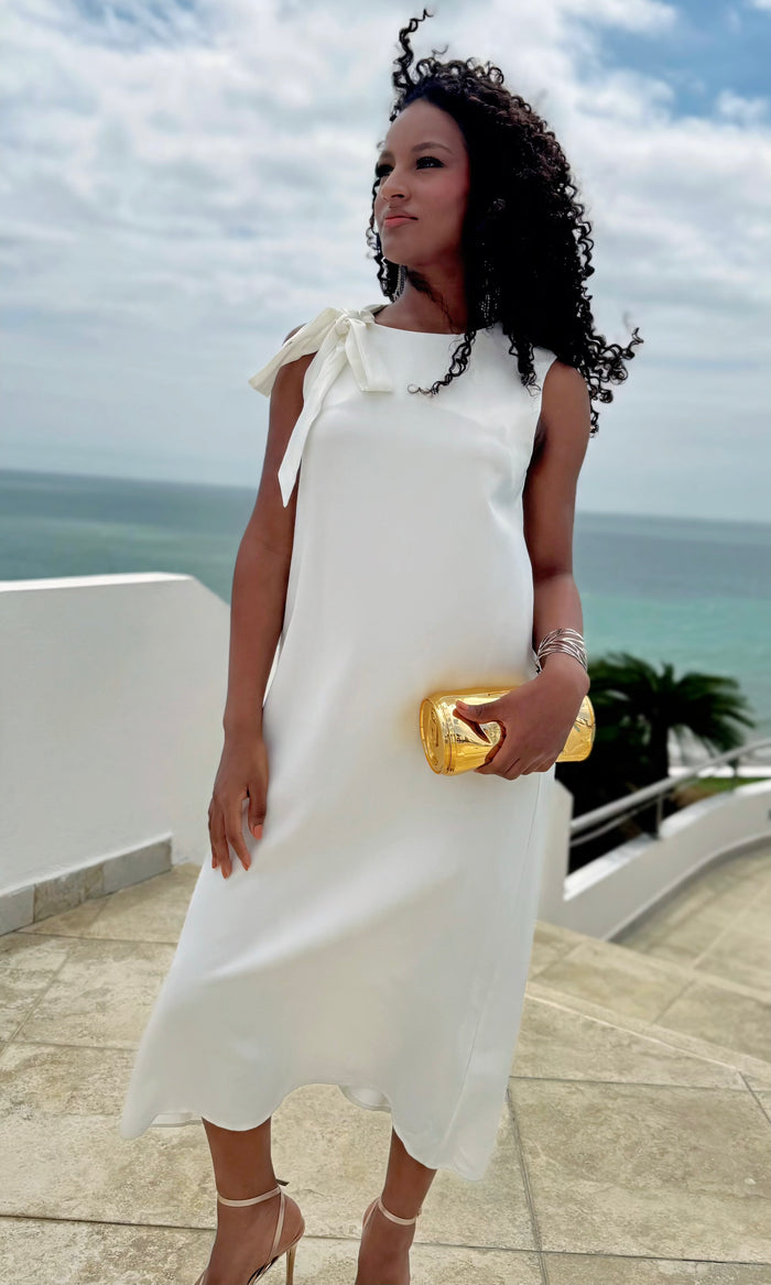 Vestido Midi con Lazo al Hombro Blanco