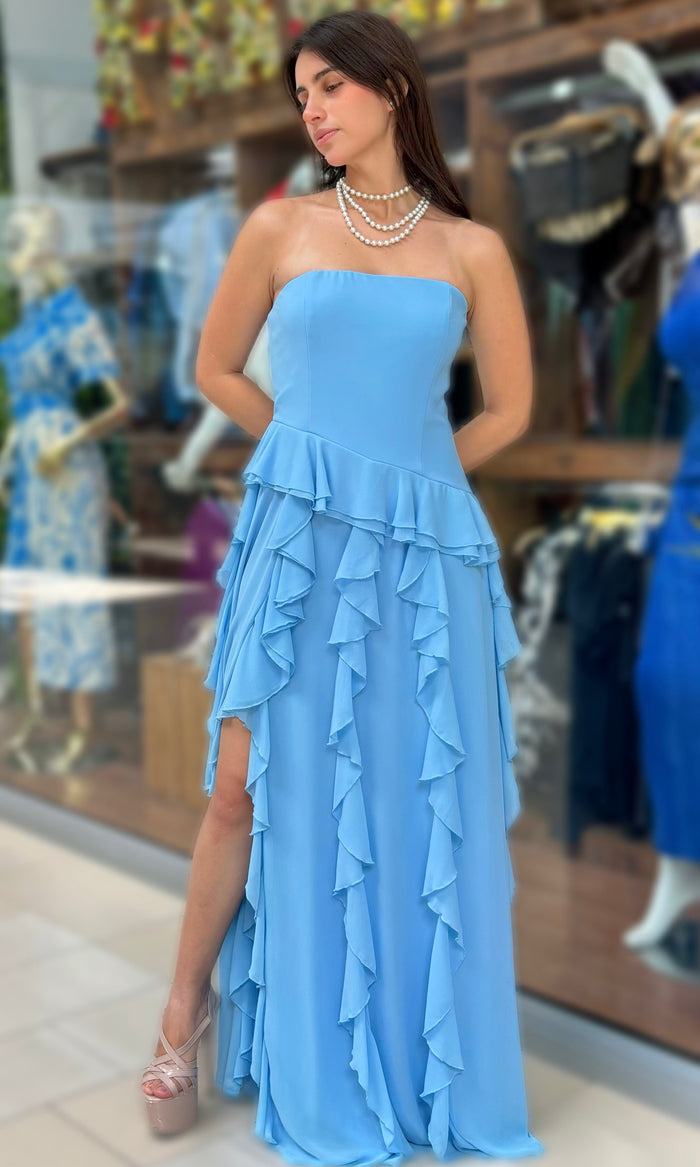 Vestido Largo Volantes Celeste Celeste