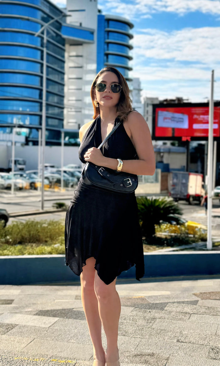 Vestido Corto Halter Drapeado Negro