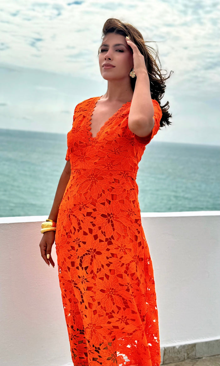 Vestido Midi Naranja Floral