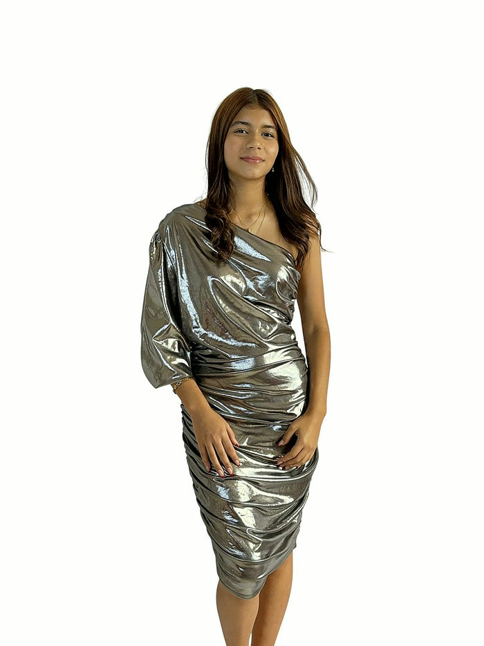 Vestido Midi Plateado Asimétrico Plateado