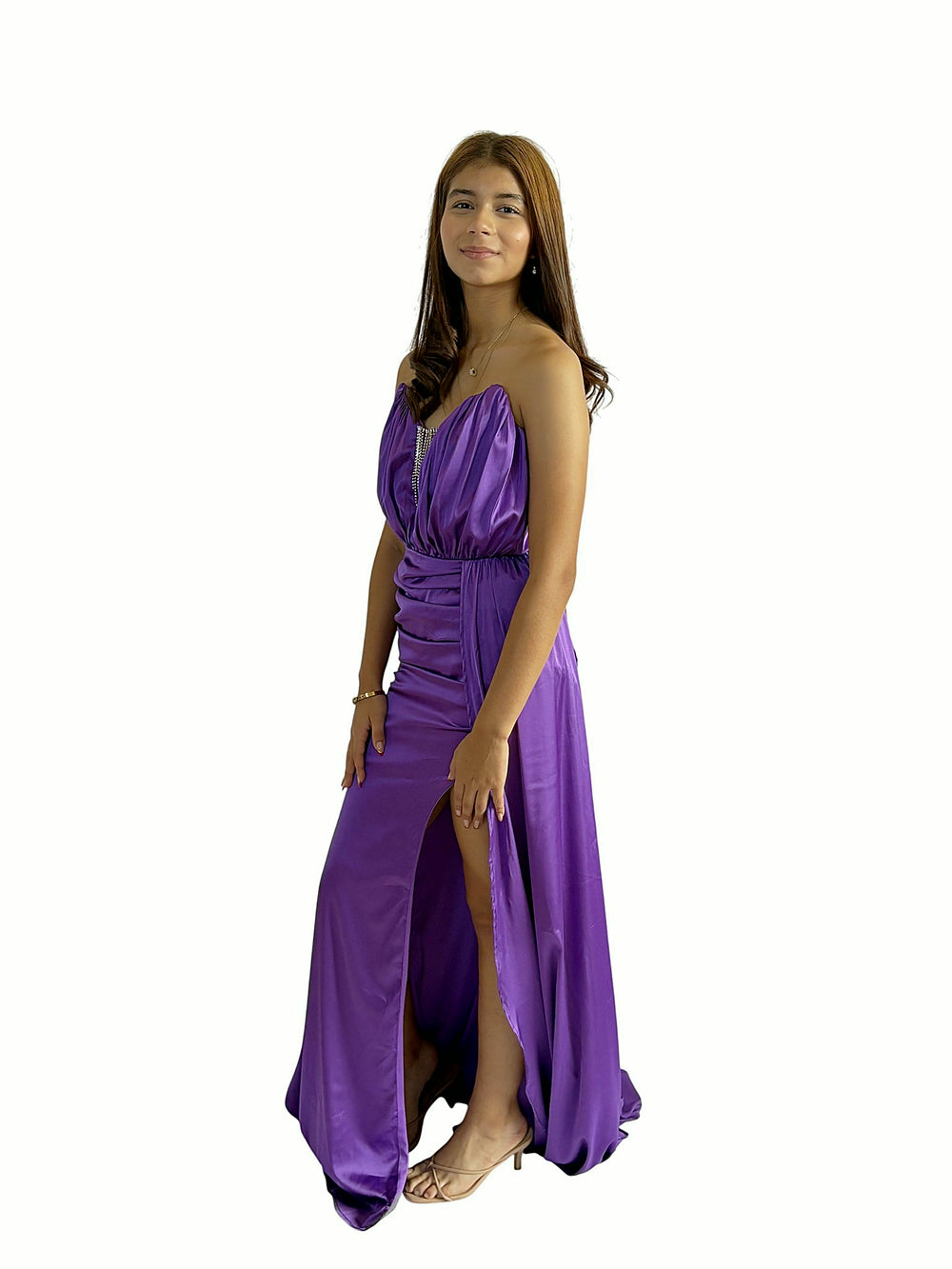 Vestido Drapeado Abertura Lila