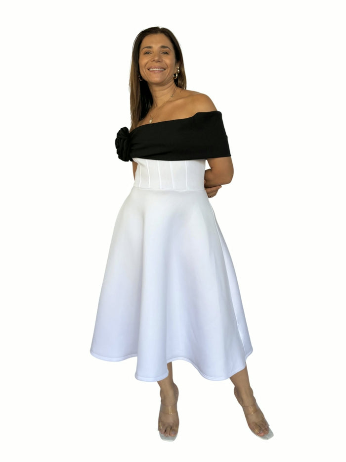 Vestido Midi Blanco Negro