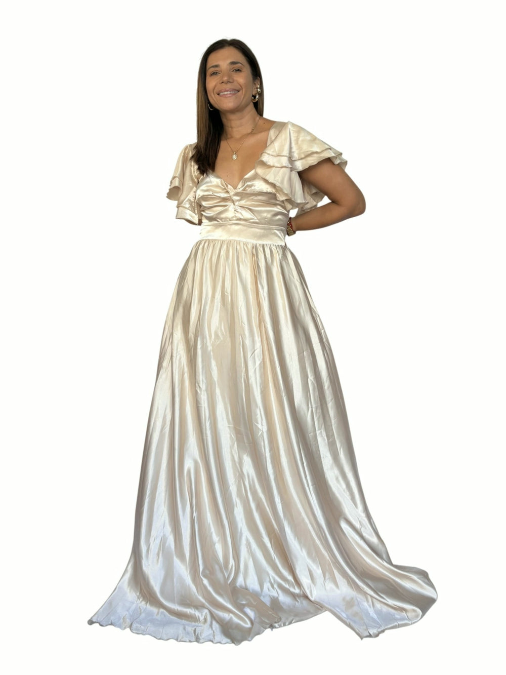 Vestido Largo Champán Volante Crema