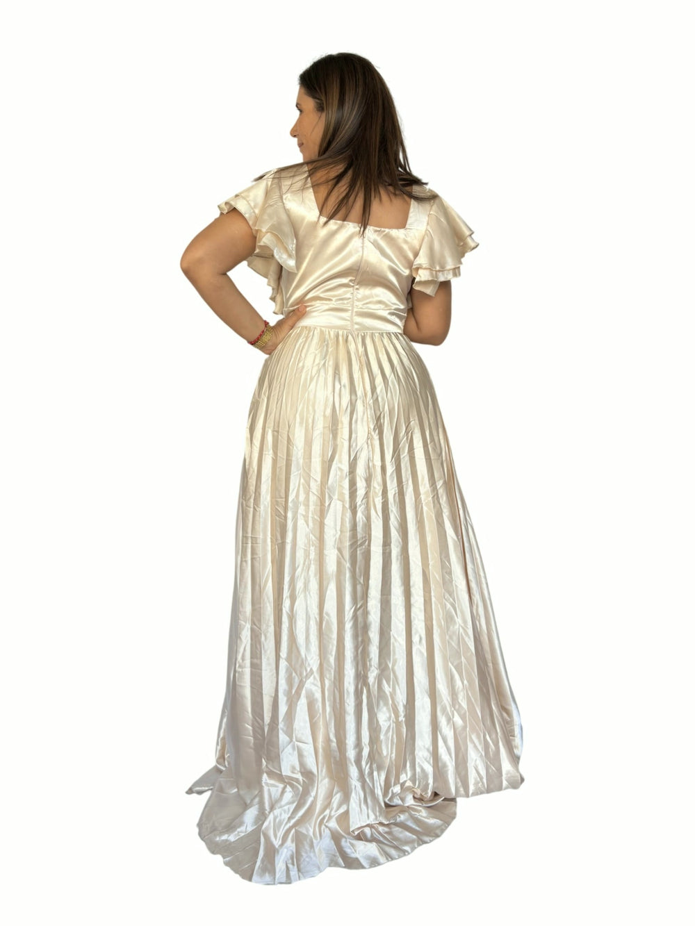 Vestido Largo Champán Volante Crema