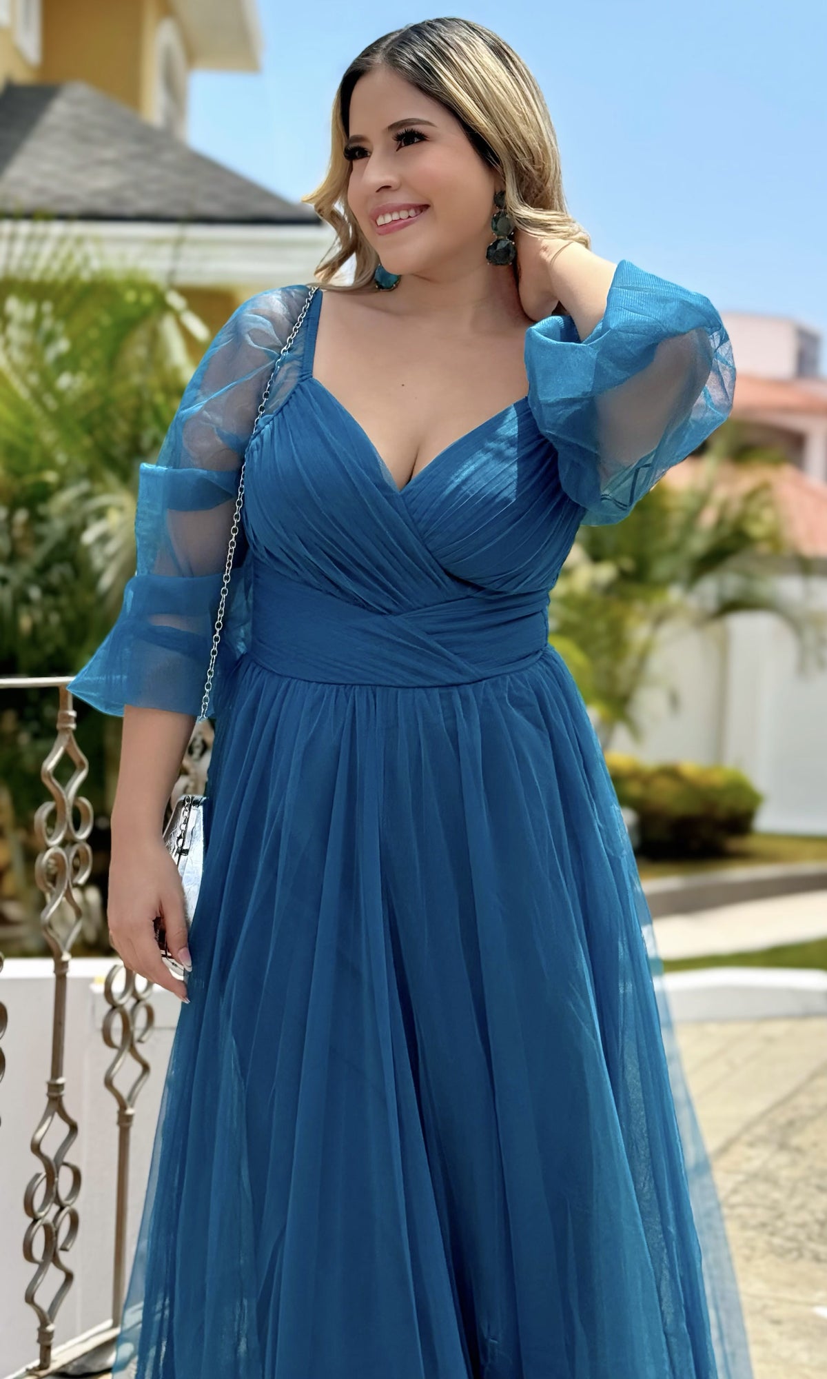 Vestido Largo Tul Cruzado Azul