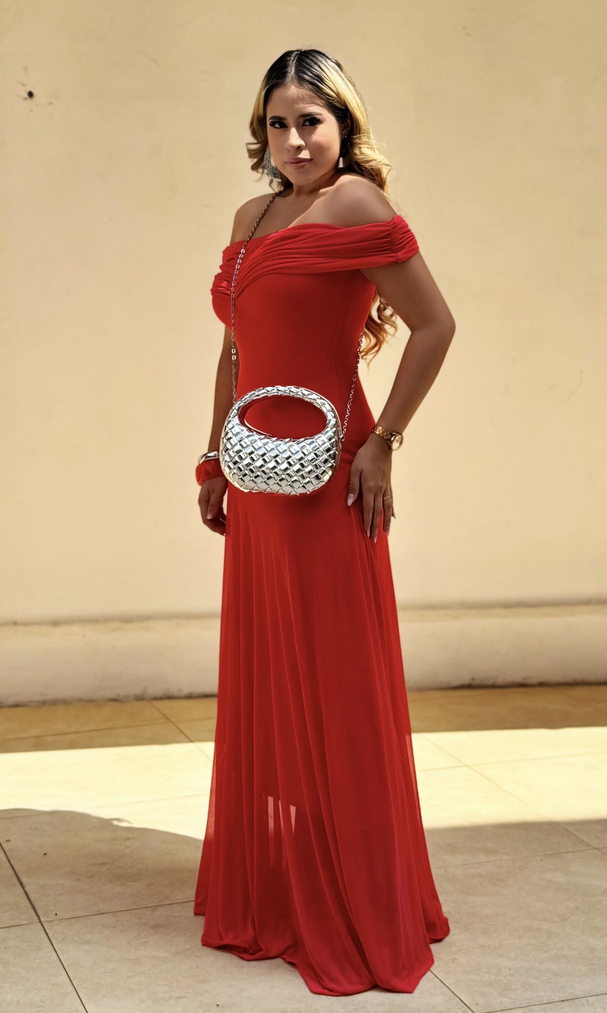 Vestido Largo Hombros Drapeados Rojo