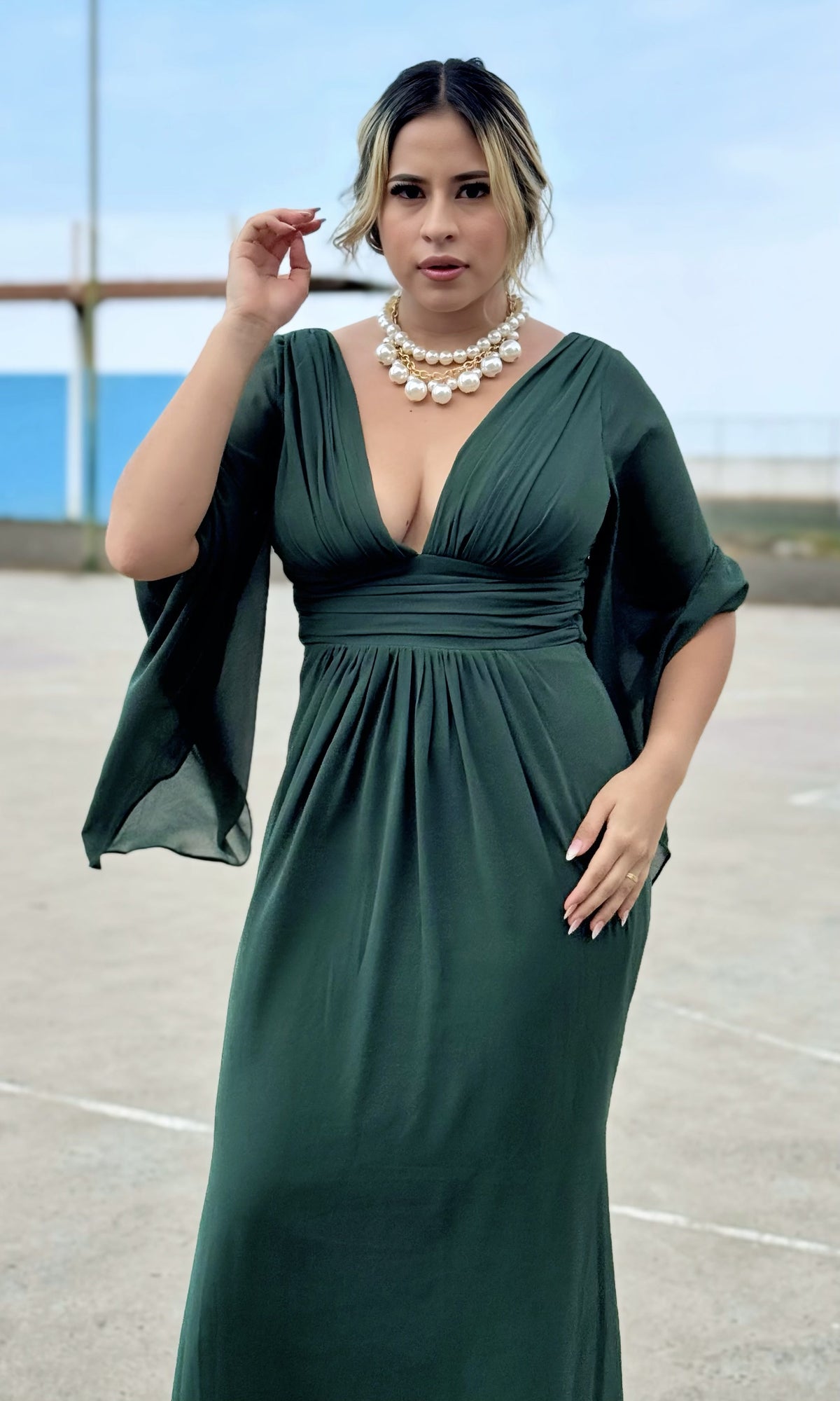 Vestido Largo Mangas Campana Verde