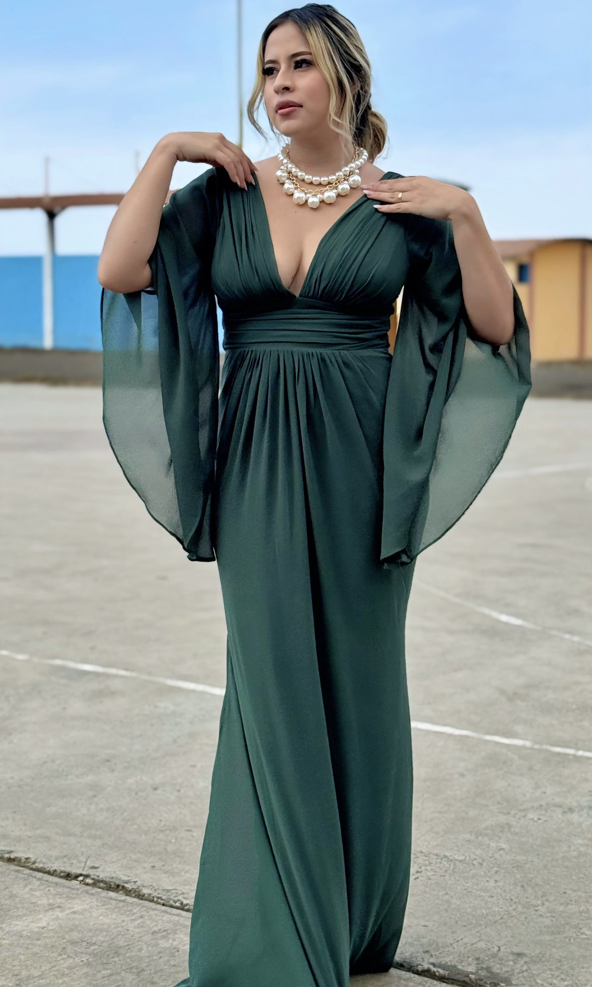 Vestido Largo Mangas Campana Verde