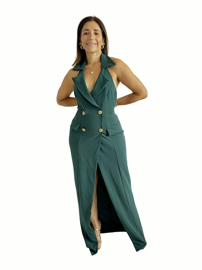 Vestido Largo Halter Botones Verde