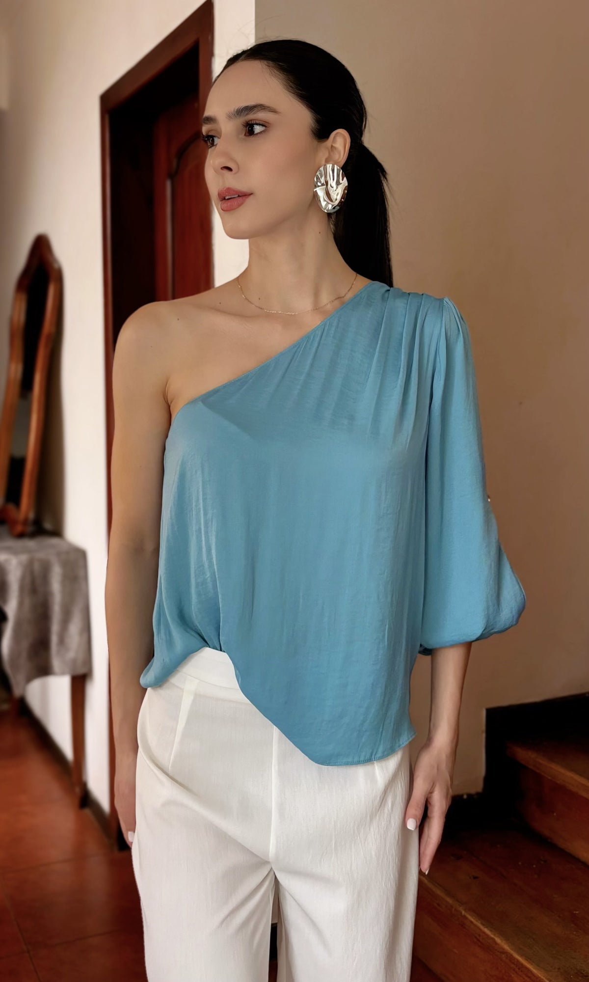 Blusa Un Hombro Globo Petróleo