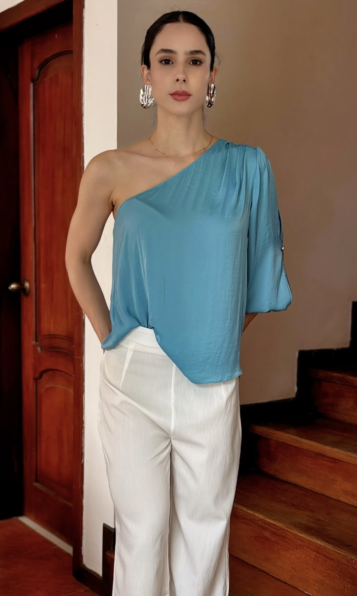 Blusa Un Hombro Globo Petróleo