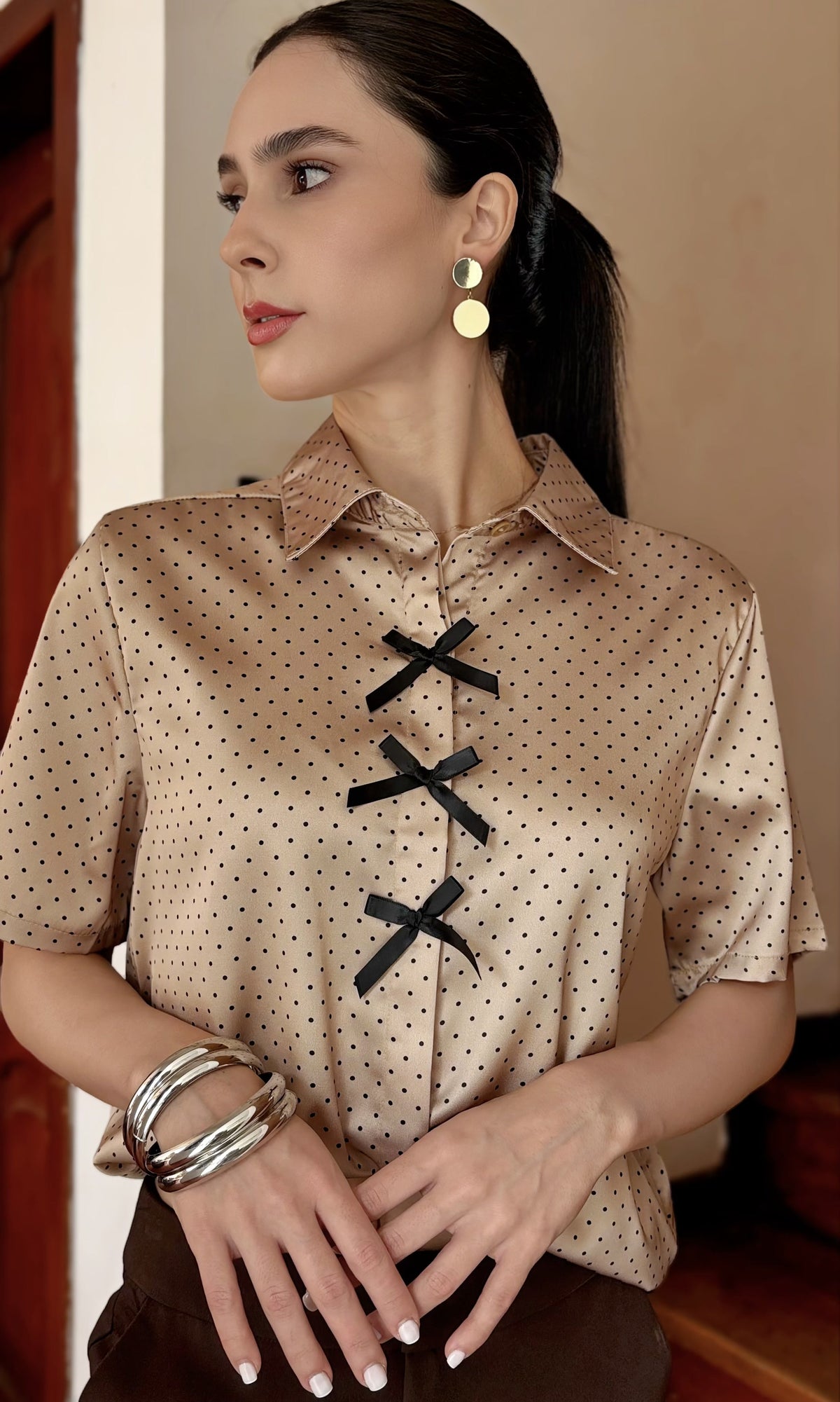 Blusa Lunares Lazos Café