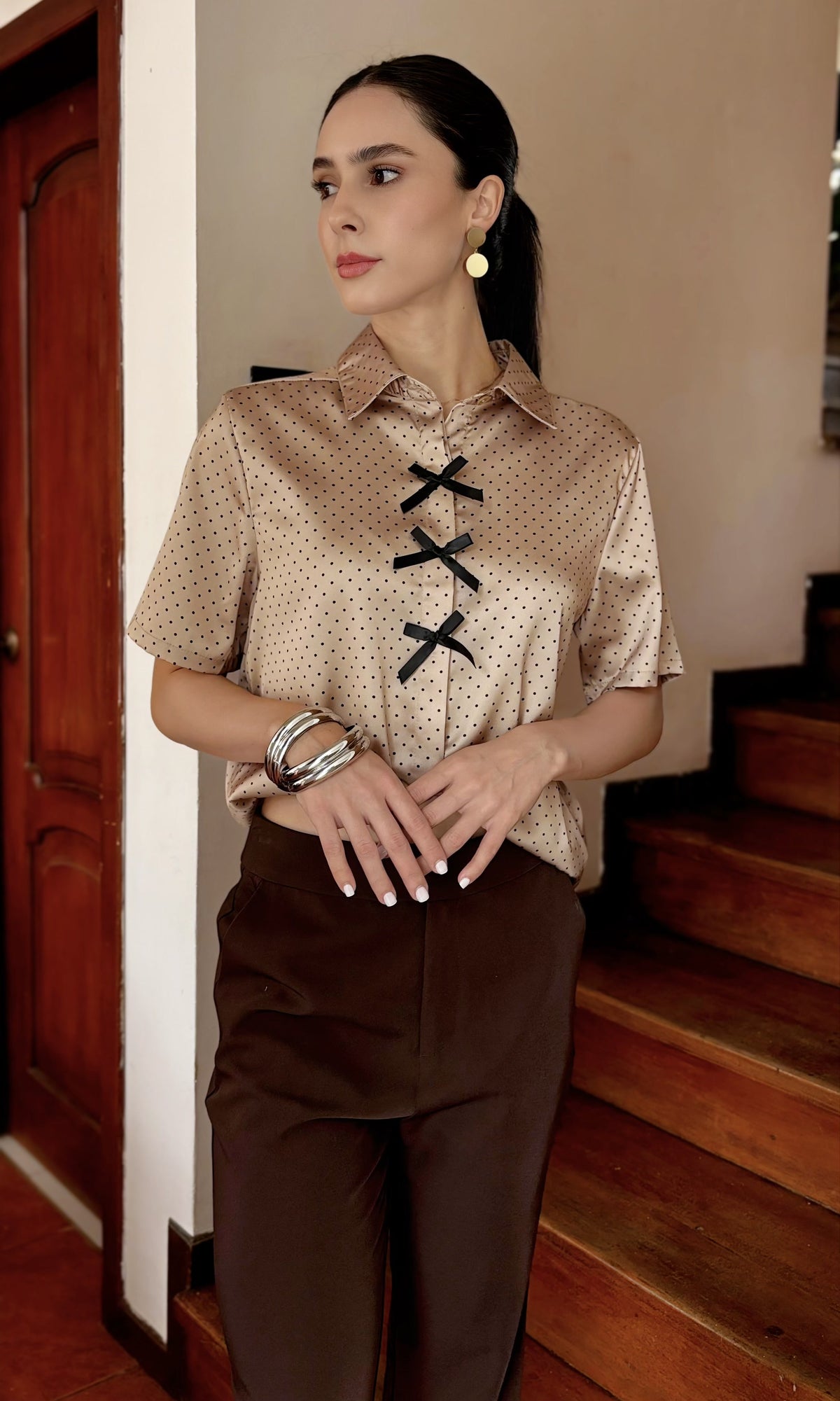 Blusa Lunares Lazos Café