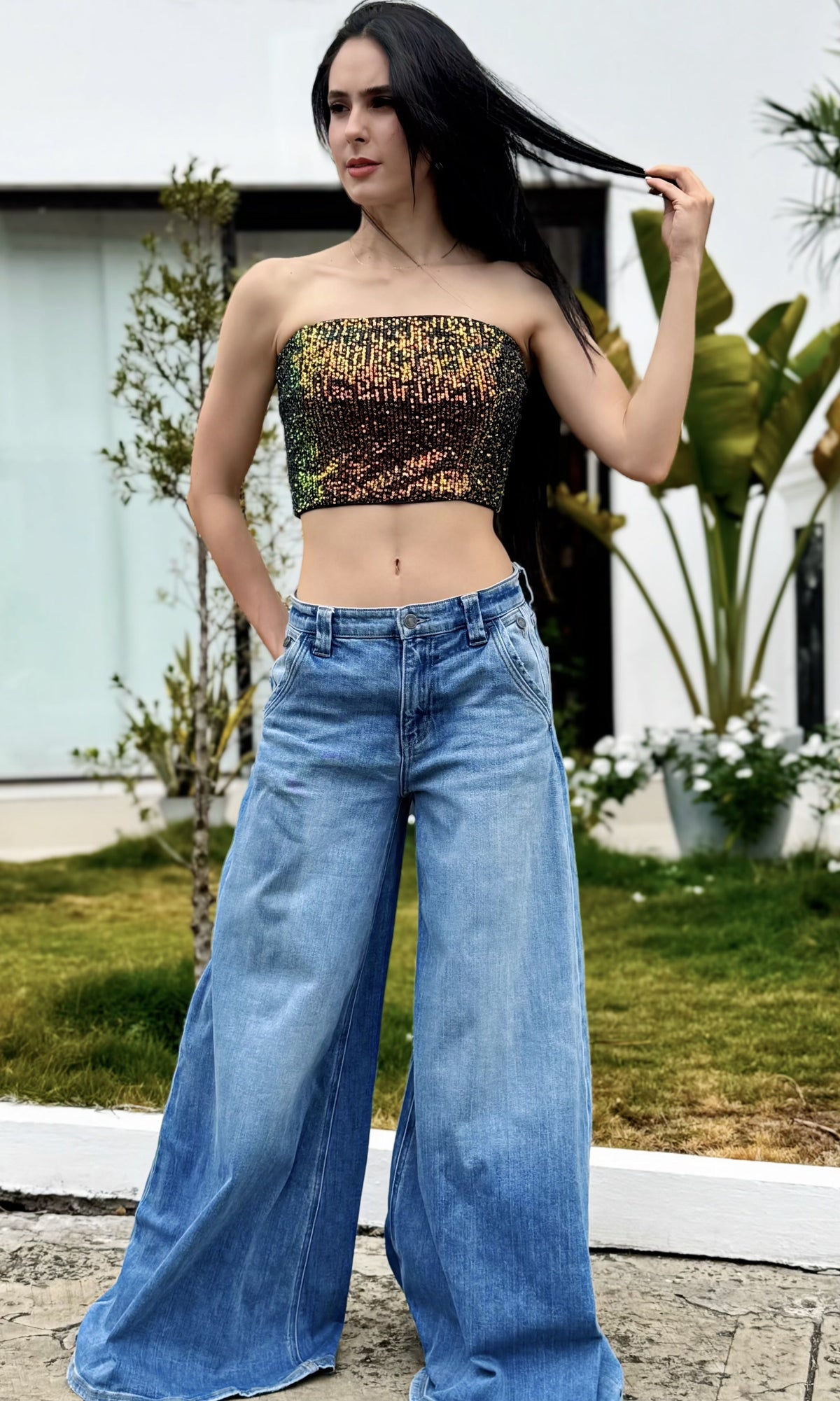Top Strapless Brillos Dorado