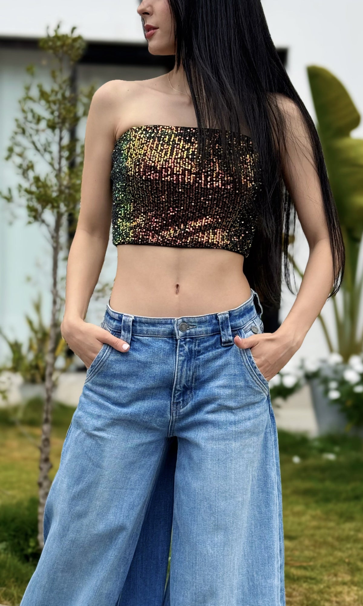 Top Strapless Brillos Dorado