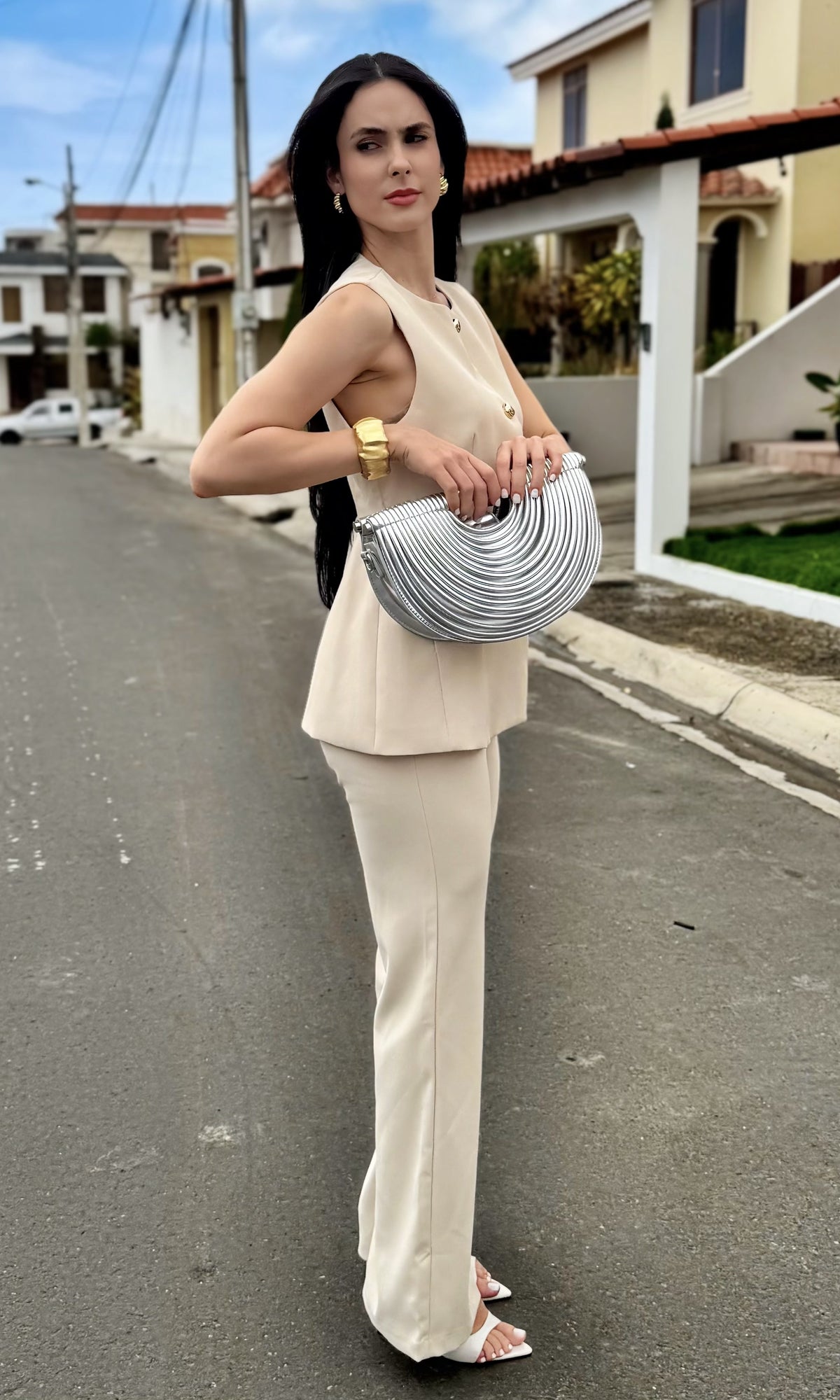 Conjunto Chaleco Botones Beige