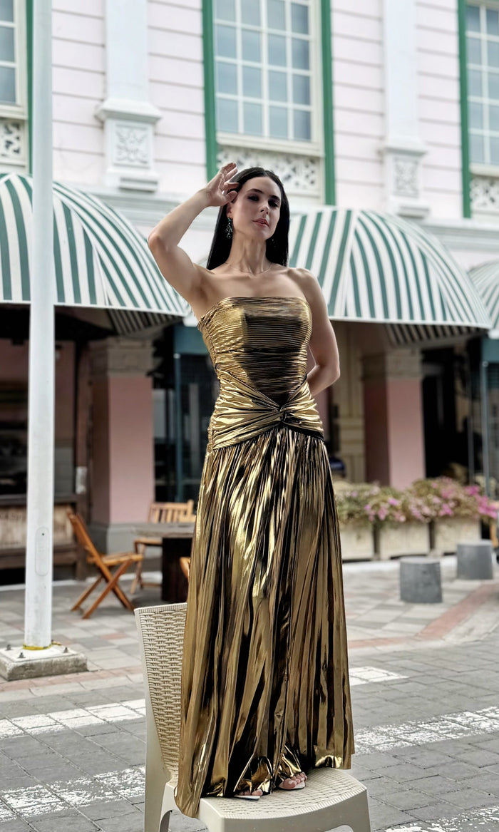 Vestido Largo Metalizado Plisado Dorado