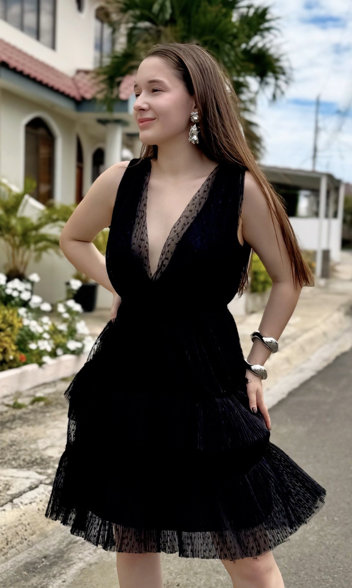 Vestido Corto Capas Tul Negro