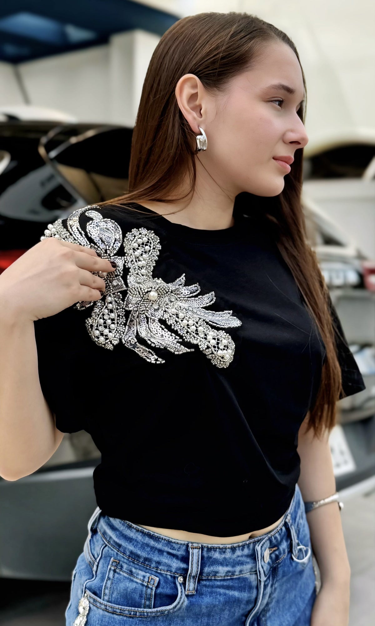 Camiseta Pedrería Flor Negro