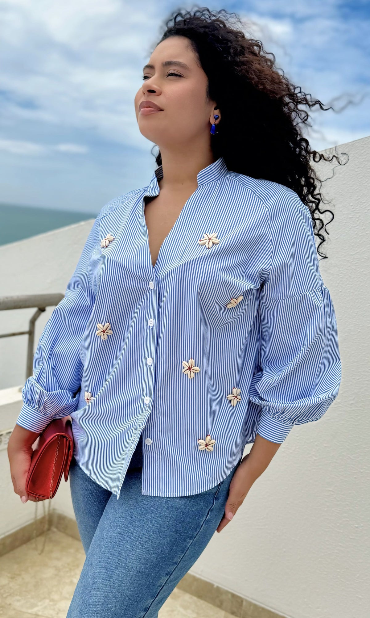 Blusa Rayas Flores Aplicadas Celeste