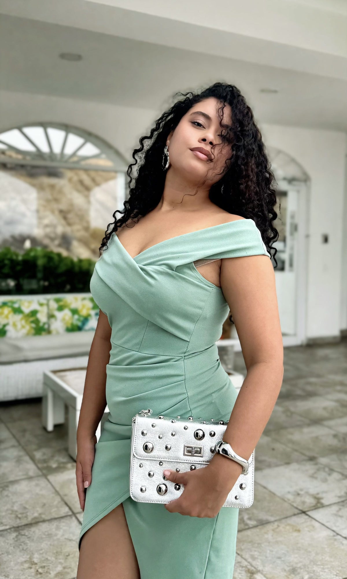 Vestido Midi Escote Bardot Verde claro