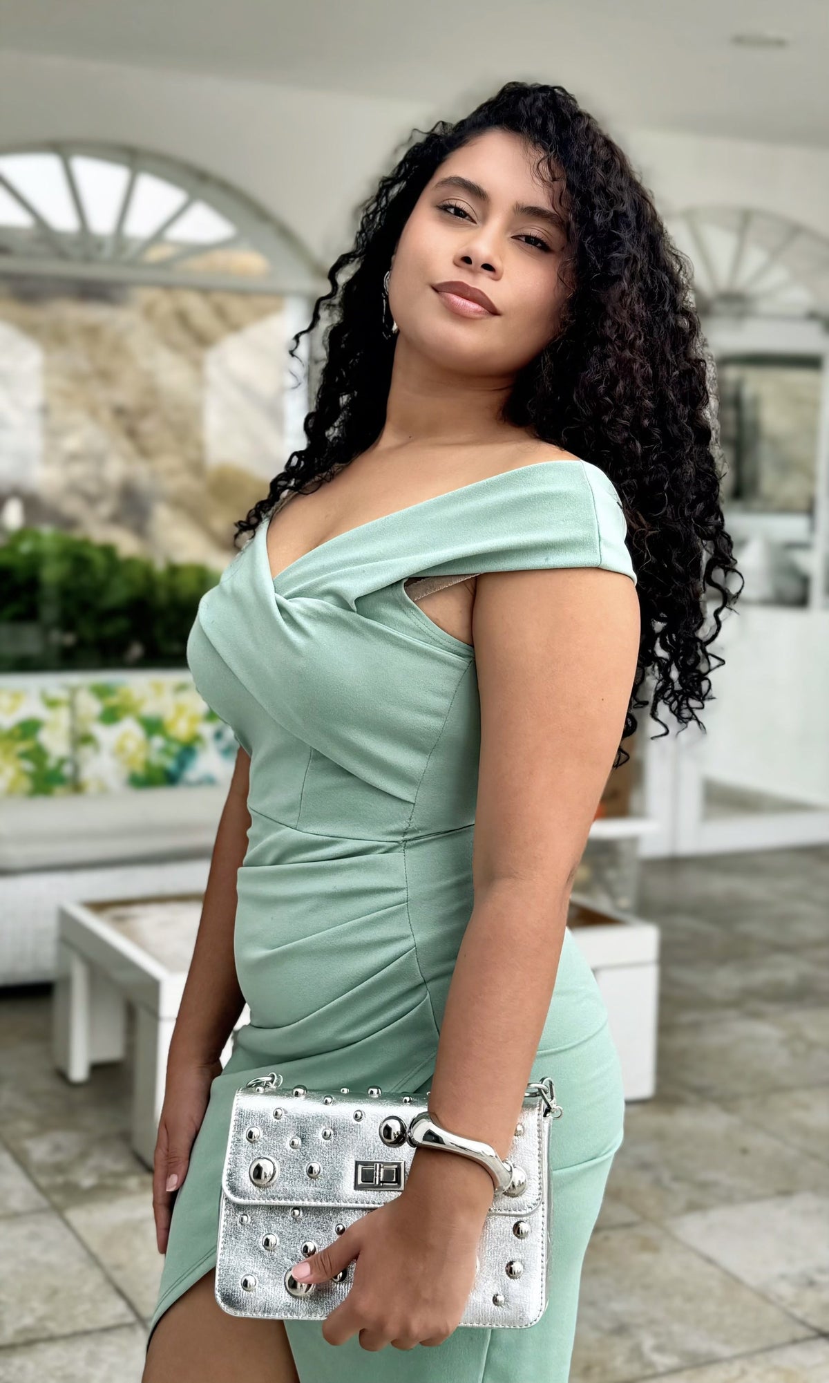 Vestido Midi Escote Bardot Verde claro