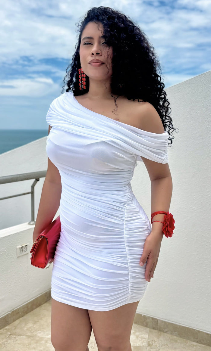 Vestido Corto Drapeado Fruncido Blanco