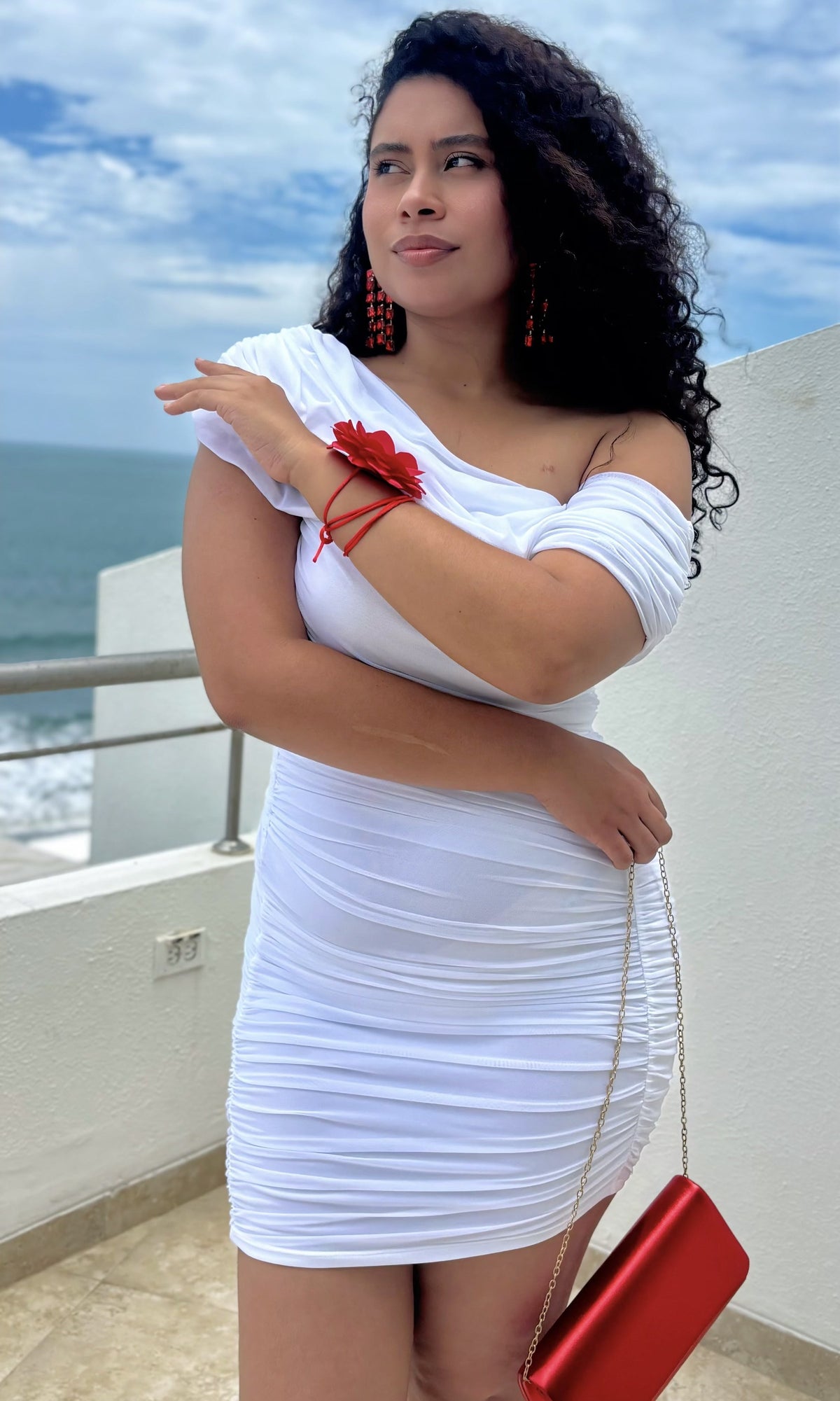 Vestido Corto Drapeado Fruncido Blanco