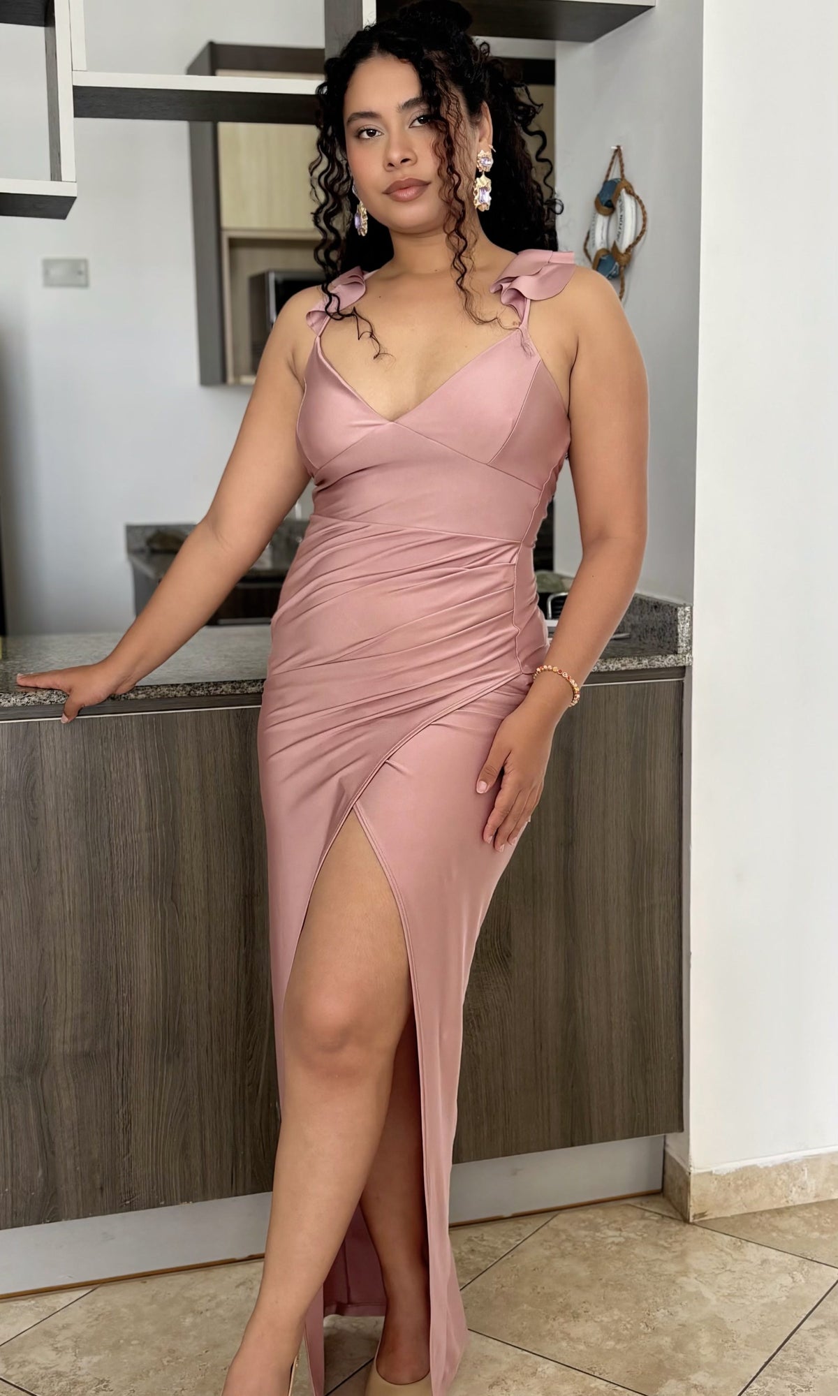 Vestido Largo Tirantes Moño Rosa