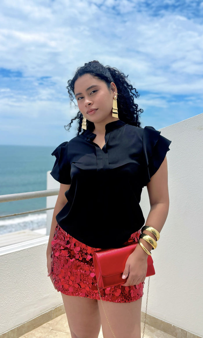 Blusa Cuello Mao Volantes Negro