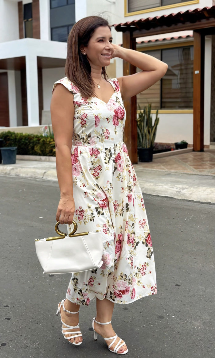 Vestido Midi Estampado Rosas Floral