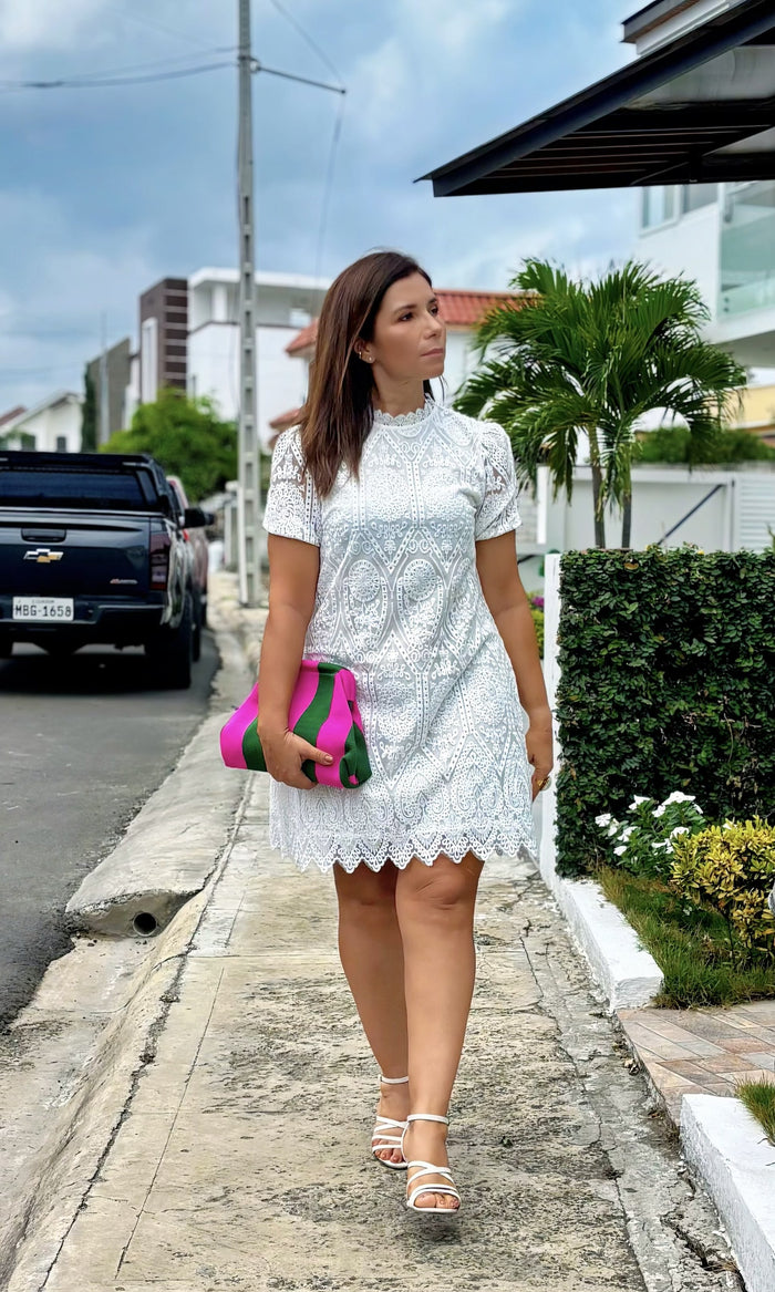 Vestido Corto Encaje Festón Blanco