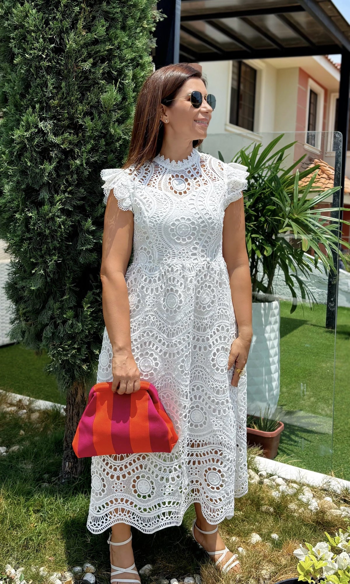Vestido Encaje Cuello Alto Blanco