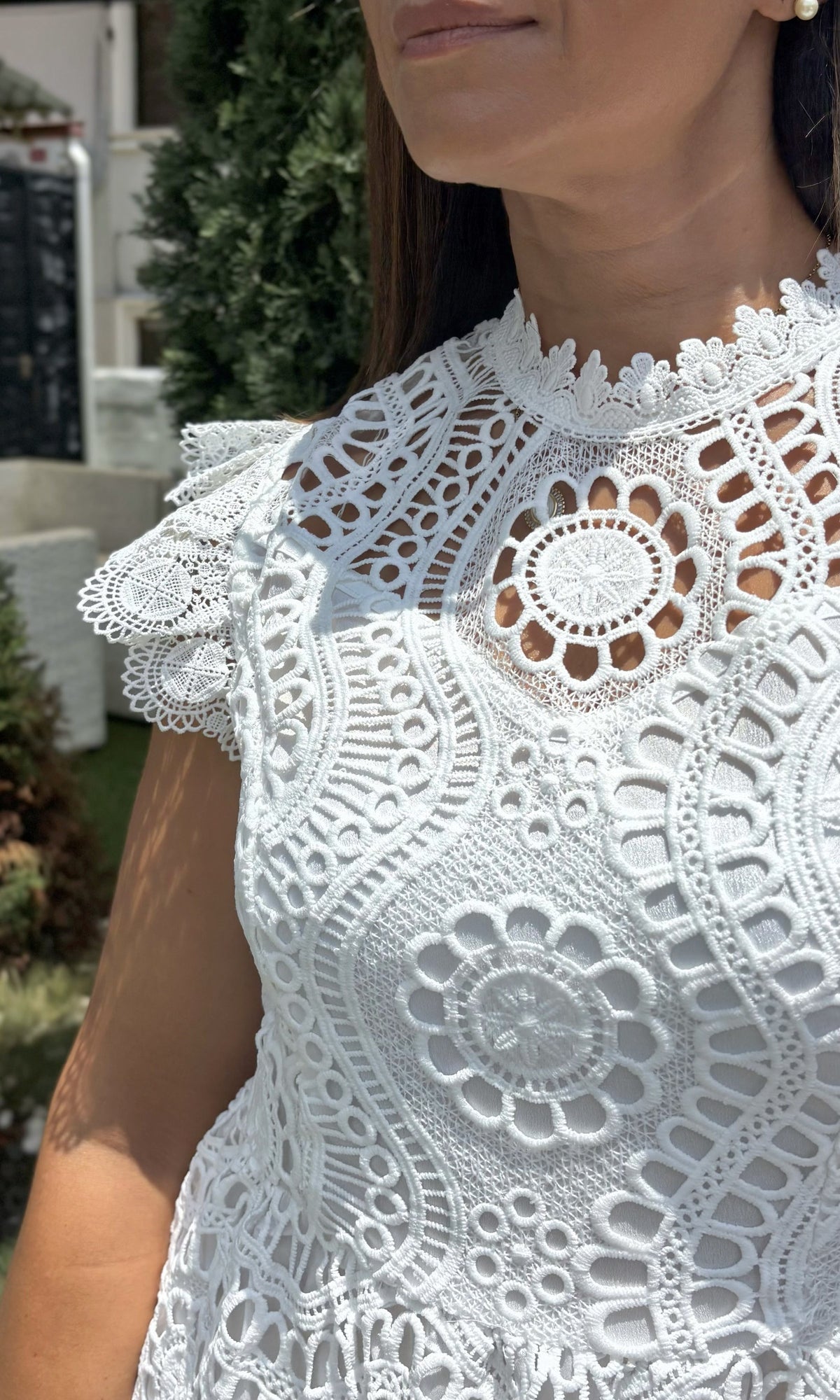 Vestido Encaje Cuello Alto Blanco