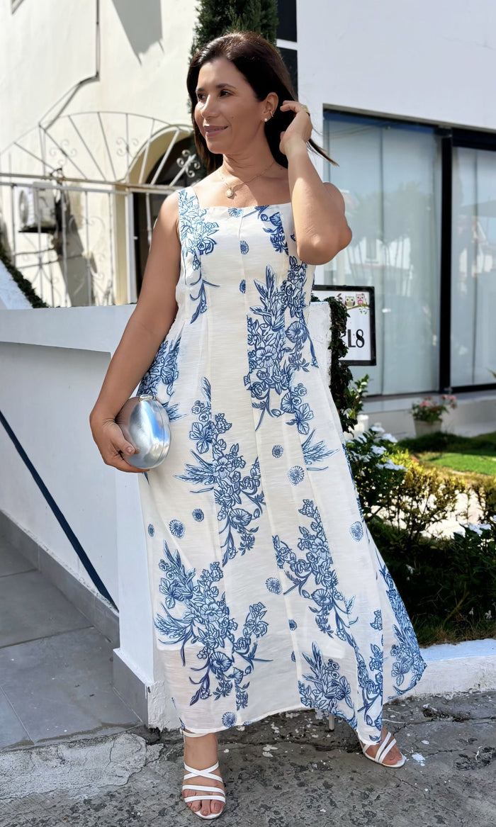 Vestido Escote Cuadrado Floral Floreado azul