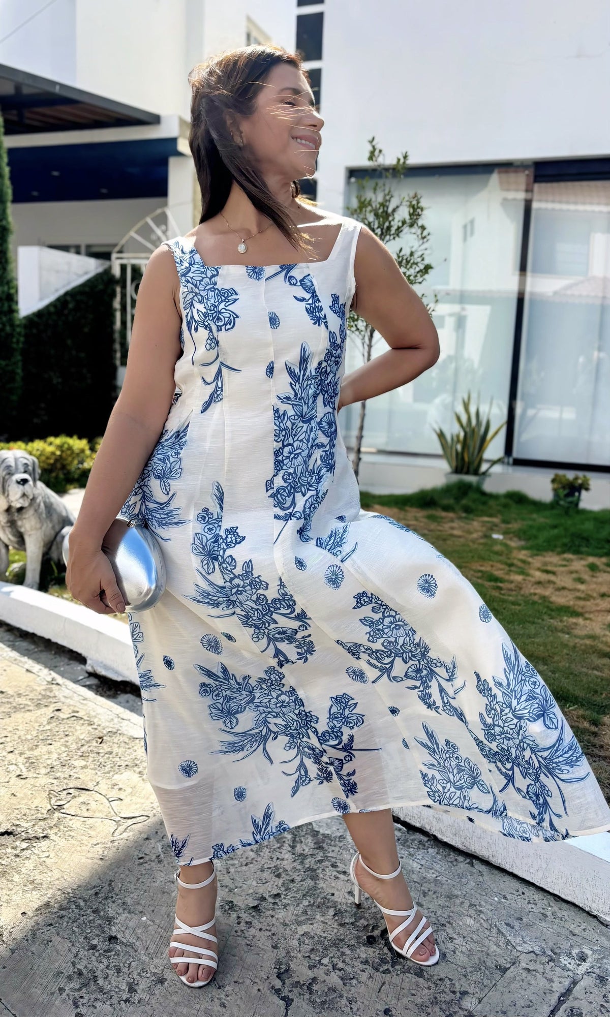 Vestido Escote Cuadrado Floral Floreado azul