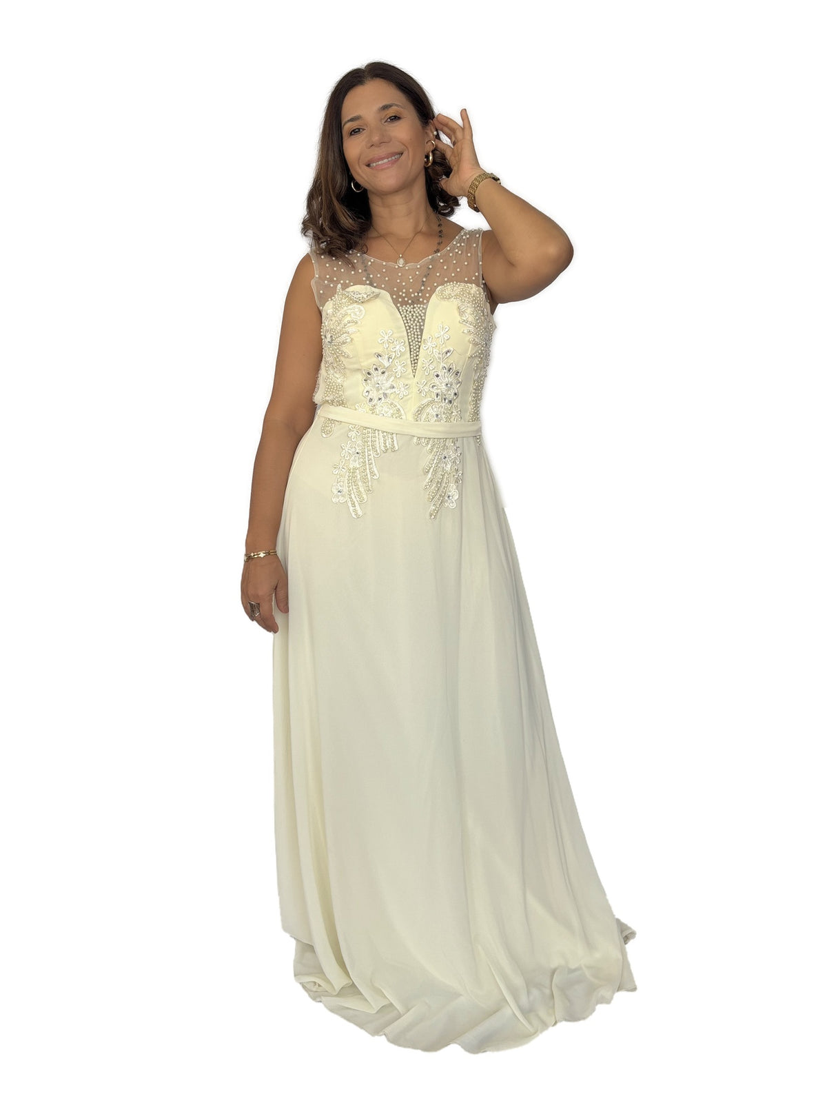 Vestido Gala Beige Bordado Beige