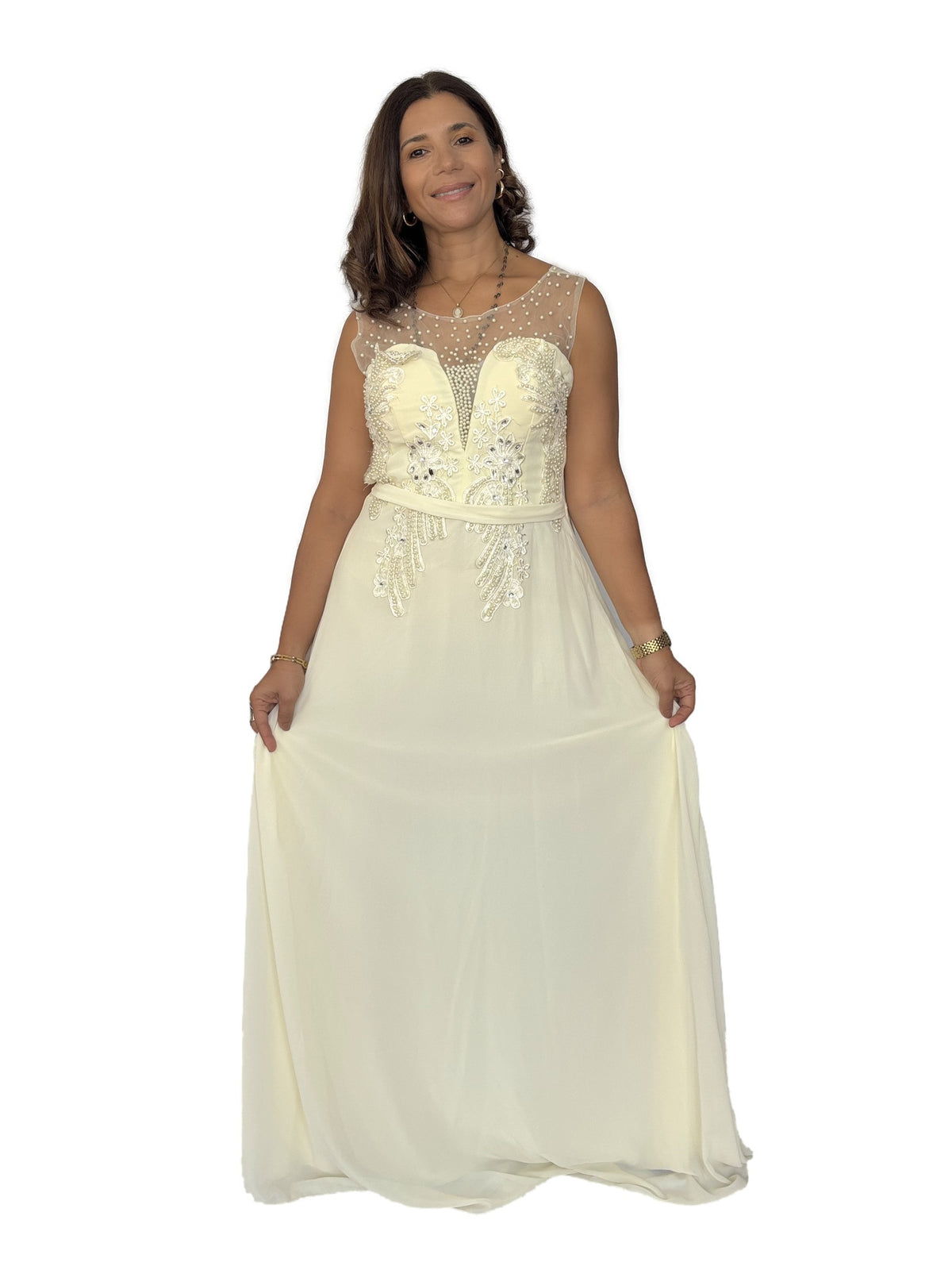 Vestido Gala Beige Bordado Beige