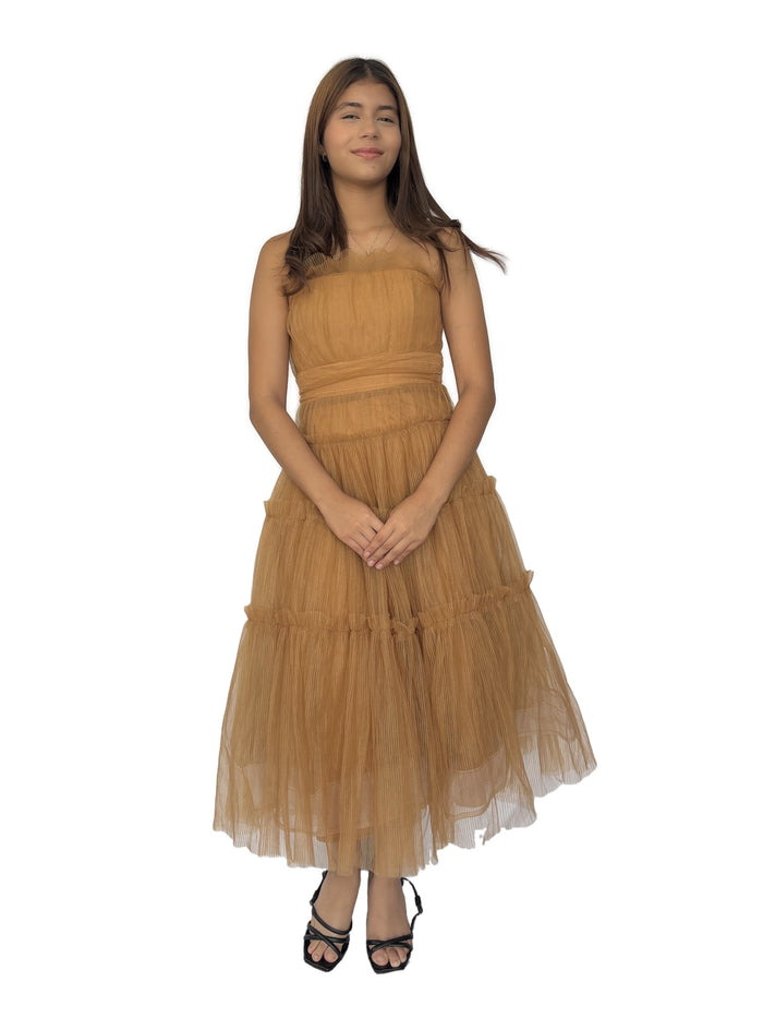 Vestido Tul Plisado Café
