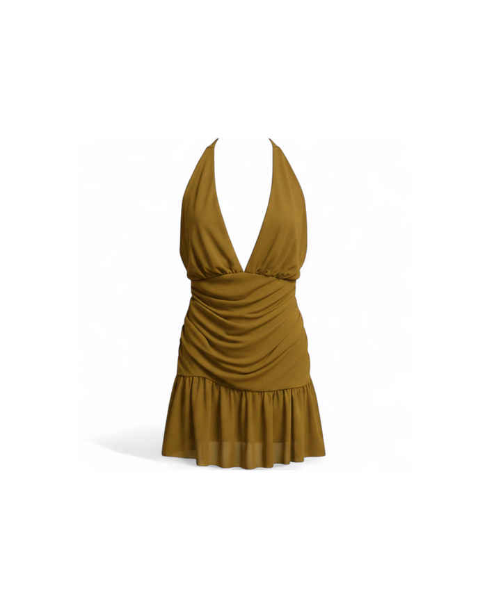 Vestido Corto Halter Drapeado Mostaza