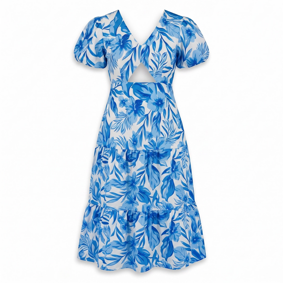 Exotica blue and white floral print midi dress with puff sleeves, V-neckline, and a chic front cutout detail.