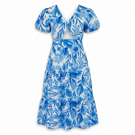 Exotica blue and white floral print midi dress with puff sleeves, V-neckline, and a chic front cutout detail.