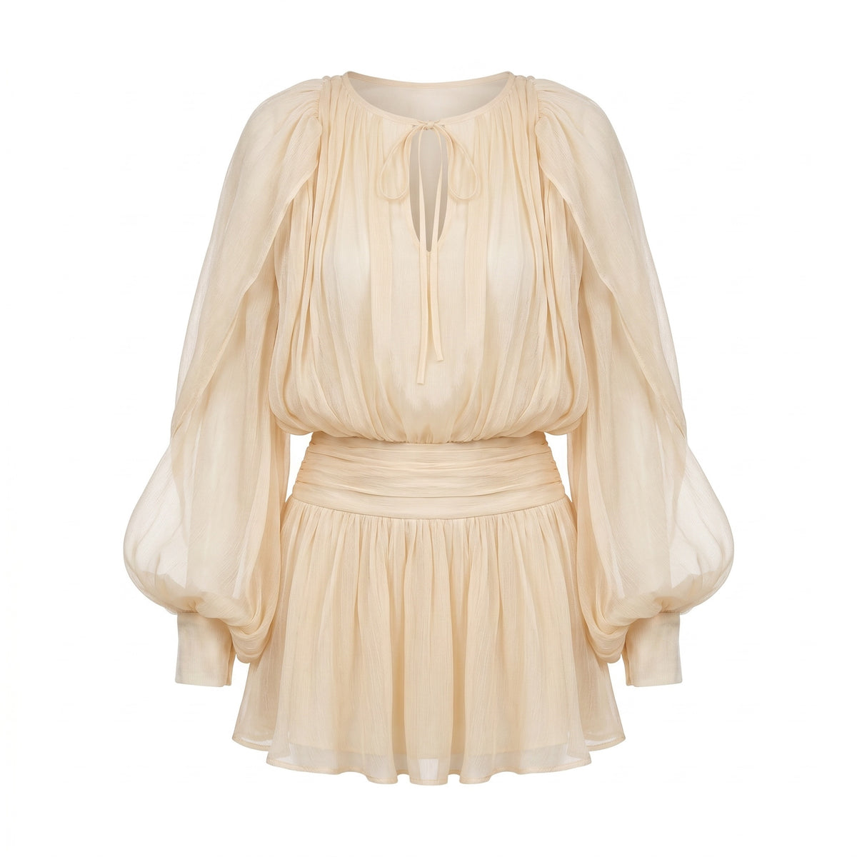 Exotica champagne sheer mini dress with voluminous bishop sleeves, cinched waist, and tie-neck detail.