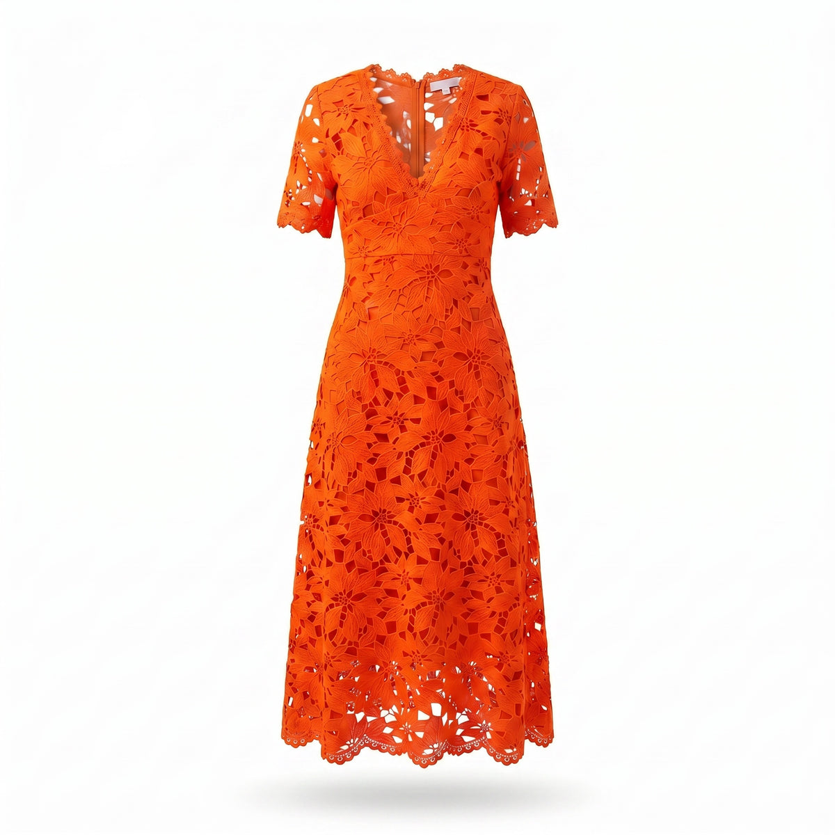 Exotica vibrant orange midi dress featuring intricate floral lace, a flattering V-neckline, and a scalloped hem.