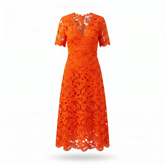 Exotica vibrant orange midi dress featuring intricate floral lace, a flattering V-neckline, and a scalloped hem.